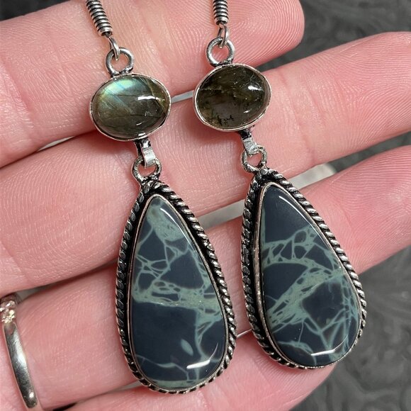 Labradorite and Spiderweb Obsidian Earrings Stone Crystal Jewelry - Picture 1 of 5